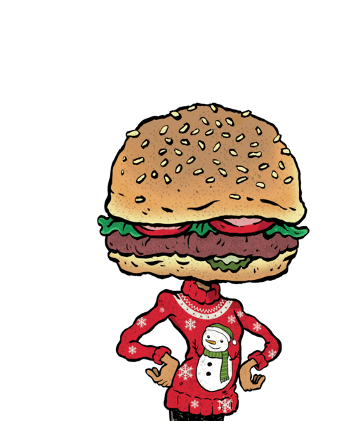 Burger in a holiday sweater